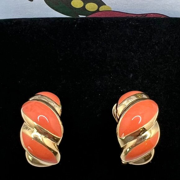 Christian Dior Coral Enamel Half Hoop CLIP Earrings - Picture 1 of 4